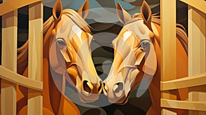 Horses peering out from stable boxes. Concept of equine care, stable management, horse breeding, animal housing, sports