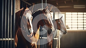 Horses peering out from stable boxes. Concept of equine care, stable management, horse breeding, animal housing, sports
