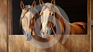 Horses peering out from stable boxes. Concept of equine care, stable management, horse breeding, animal housing, sports