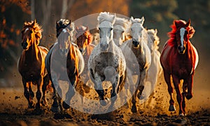 Horses run forward on the sand in the dust on the sky background