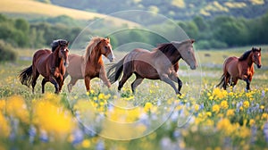 Horses run gallop in flower meadow. Generative Ai
