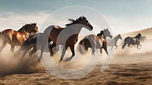 Horses run gallop in the sand dunes of the desert