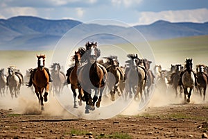 Horses run gallop in steppe, Kyrgyzstan, An intense horse race in the vast Mongolian steppe, AI Generated