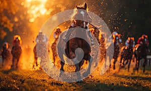 Horses running in the dust at sunset