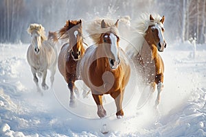 horses running towards the camera in winter