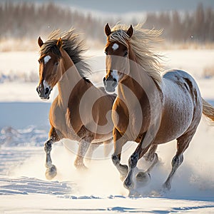 Horses running in winter. Snow covered landscape