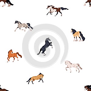 Horses, seamless pattern design. Stallion breeds, endless background. Steeds animals in action, motion, repeating print