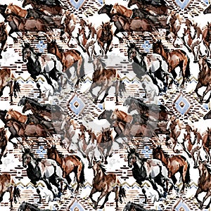 Horses seamless pattern. Wild western background. equestrian illustration.