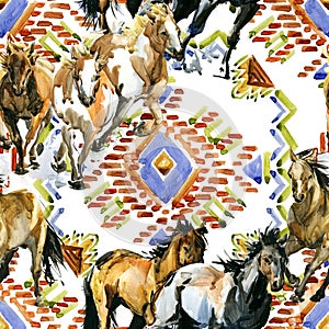 Horses seamless pattern. Wild western background. equestrian illustration.