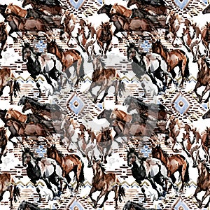 Horses seamless pattern. Wild western background. equestrian illustration. photo