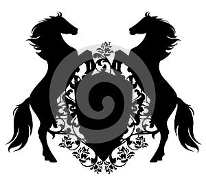 Horses with shield among rose flowers heraldic vector design