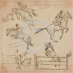 Horses - show jumping. Collection, pack of freehand vector sketches. Line art