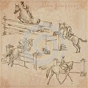 Horses - show jumping. Collection, pack of freehand vector sketches. Line art