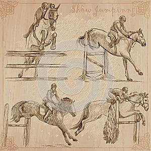 Horses - show jumping. Collection, pack of freehand vector sketches. Line art