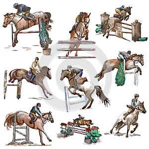 Horses - show jumping. Colored collection, pack of freehand sketches. Line art