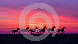 Horses silhouetted against a colorful, twilight sky embark on an evening ride