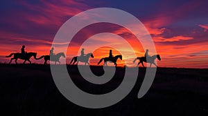 Horses silhouetted against a colorful, twilight sky embark on an evening ride