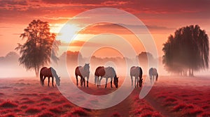 Horses Sunrise mist red nature dutch landscape netherlands morning