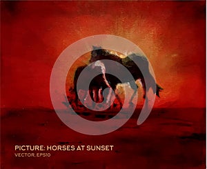 Horses at sunset, oil painting on silk in vector