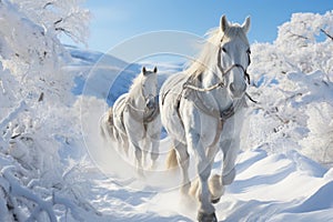 Horses are walking in the snow, AI