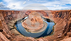 Horseshoe bend canyon giant stone loop panoramic view, looking down at Colorado river bend and red rock canyon, standing