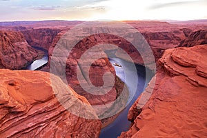 Horseshoe Bend on the Colorado River near Page, beautiful sunset, Arizona, USA