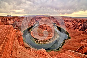 Horseshoe Bend on Colorado River at Sunset and Cloudy Weather, Utah