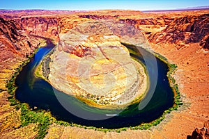 Horseshoe Bend, Page, Arizona. Horse Shoe Bend on Colorado River, Grand Canyon. Red rock canyon road panoramic view.