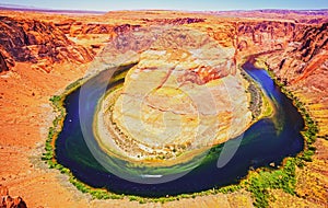 Horseshoe Bend, Page, Arizona. Horse Shoe Bend on Colorado River, Grand Canyon. Red rock canyon road panoramic view.