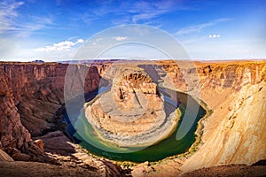 Horseshoe bend panorama view on a sunny day.