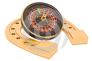 Horseshoe with casino roulette. Good luck concept, 3D rendering