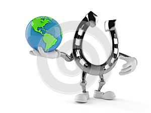 Horseshoe character holding world globe
