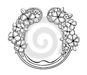 Horseshoe with clover flowers sketch hand drawn in doodle style Vector illustration