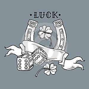 Horseshoe with dice, shamrock clover. Luck tattoo