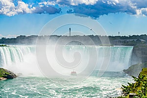 Horseshoe Fall, Niagara Gorge and boat in mist, Niagara Falls, Ontario, Canada