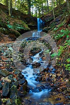 Horseshoe Falls waterfall with small creek of visible large rocks leading up to a cliff with tree roots of a forest
