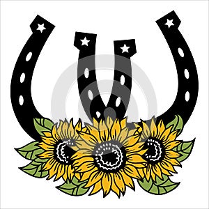 Horseshoe flowers decoration. Vector two horseshoes sunflowers decor isolated on white for wedding, for design, for invitation