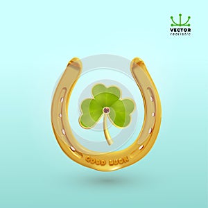 Horseshoe and four leaf clover. Good luck symbol, St.Patrick`s Day concept. Horse accessories, top view. Realistic design element