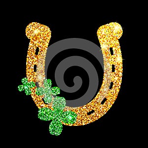 Horseshoe gold glitter. Four-leaf clover. Happy St. Patrick`s Day