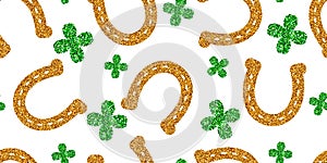 Horseshoe gold glitter. Hoof horse. Four-leaf green clover. Seamless pattern on white background. illustration. Happy St