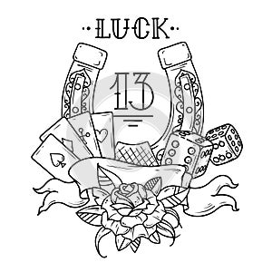 Horseshoe with playing cards,dice,shamrock clover and number 13. Black and white illustration