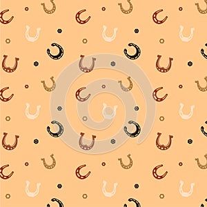 Horseshoe seamless pattern. Cowboy ranch. Horse hoof. Lucky fortune. Equestrian repeated flat print. Horsey shoe. Texas