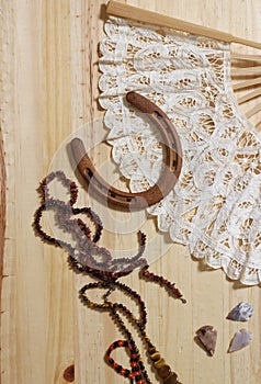 Horseshoe With Vintage Lace Fan Beads and Arrowheads