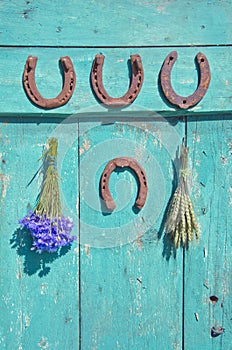 Horseshoe , wheat bunch and cornflower on old wodoen farm door