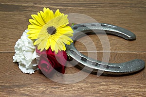 Horseshoe on Wood with Three Flowers of the Triple Crown