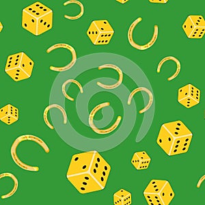 Horseshoes and dice on a green background - Seamless vector pattern