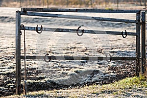 Horseshoes hanging on a metal pasture gate on a sunny winter morning. Symbol of good luck, lucky charm in equestrian sports