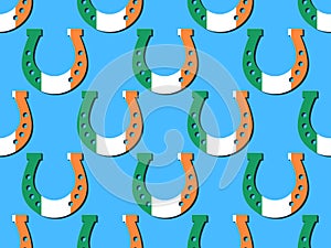Horseshoes with Irish flag, seamless pattern for St. Patrick`s Day. Festive background for advertising products, postcards