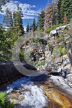 Horsetail Falls cascade down the cliffs in Lone Peak Wilderness along the Wasatch Front Rocky Mountains, Alpine Utah. photo