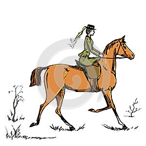 Horsewoman horse rider. English style historic horseback lady. Riding habit woman on red horse.